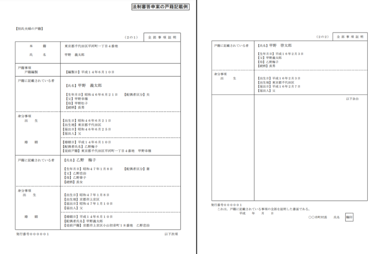 想定される別姓夫婦の戸籍記載例