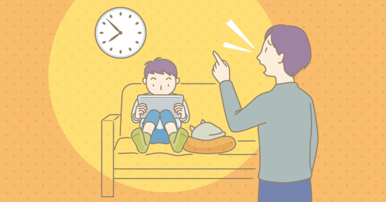 タブレットを見る子どもと注意する親のイラスト