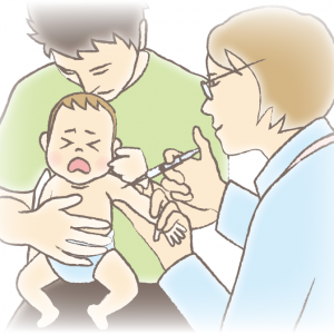 0歳児が親に抱えられ、医師に注射してもらっているイラスト