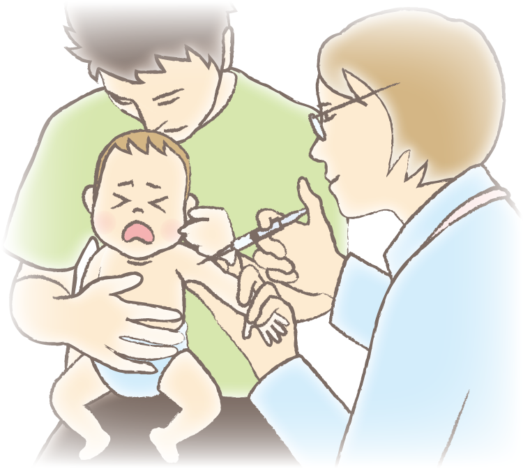 0歳児が親に抱えられ、医師に注射してもらっているイラスト