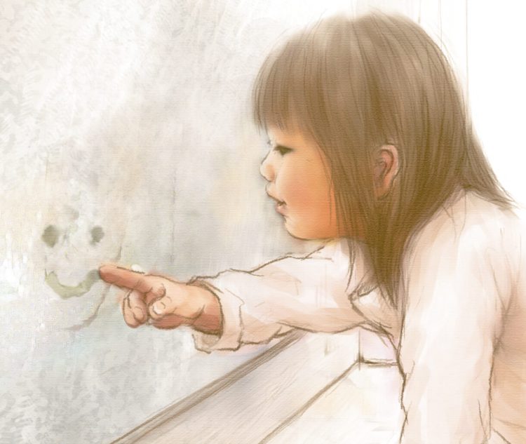 イラスト　窓に指で絵を描く子ども
